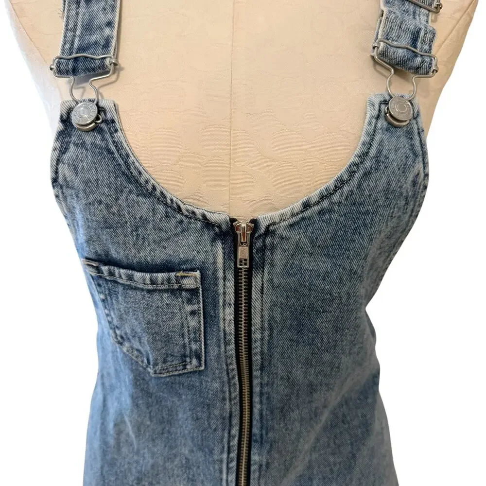 Pacsun Women Overall Blue Denim Zip Front Adjustable Strap Mini Dress Size Small
